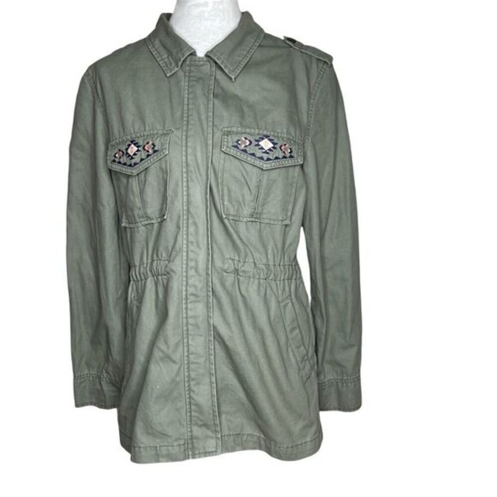 WILD Pearl Boho  Aztec Embroidery Print Green Utility Jacket Size S